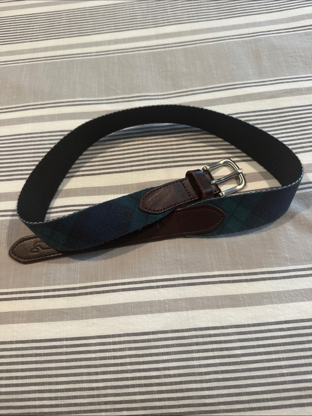 Vineyard Vines Navy and Green Plaid Boys Belt with Brown Leather Trim